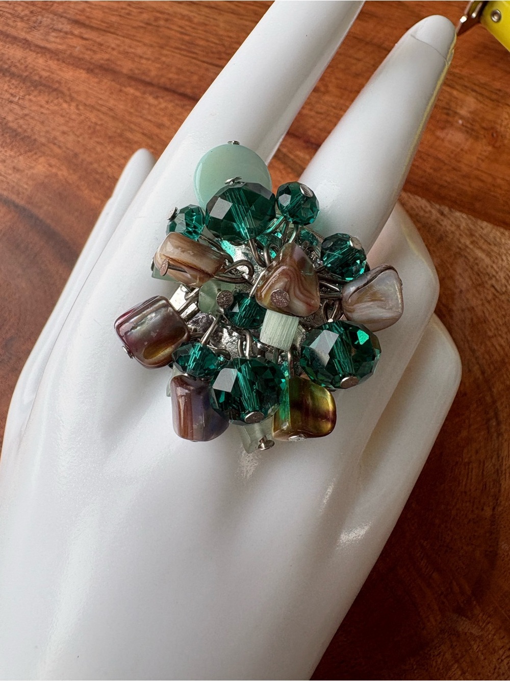 Vintage Cluster Emerald Green Bead Cocktail Ring - Size 8.75 w/ Adjustable Band